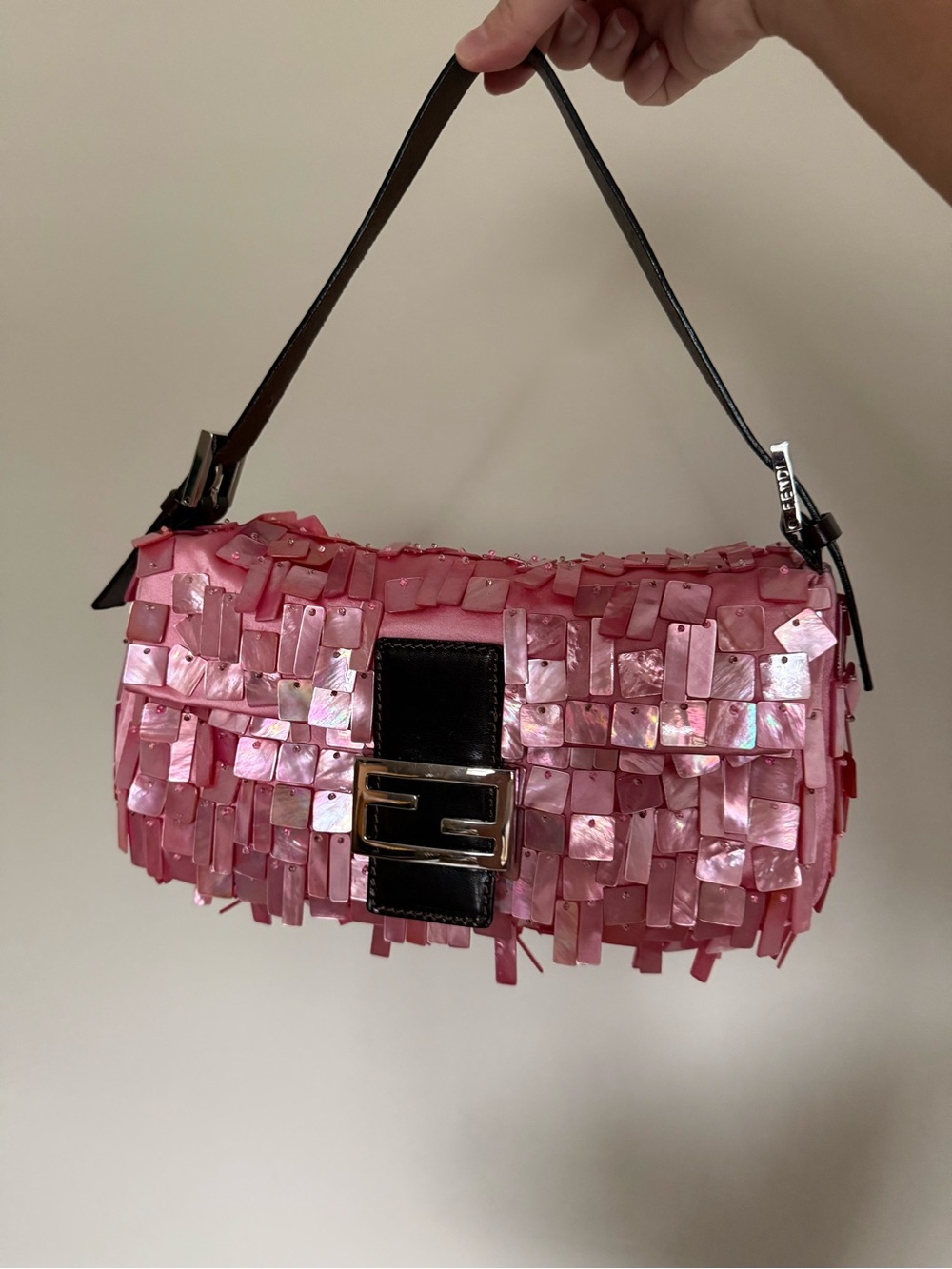 FENDI Vintage Pink Mother of Pearl Baguette Shoulder Bag